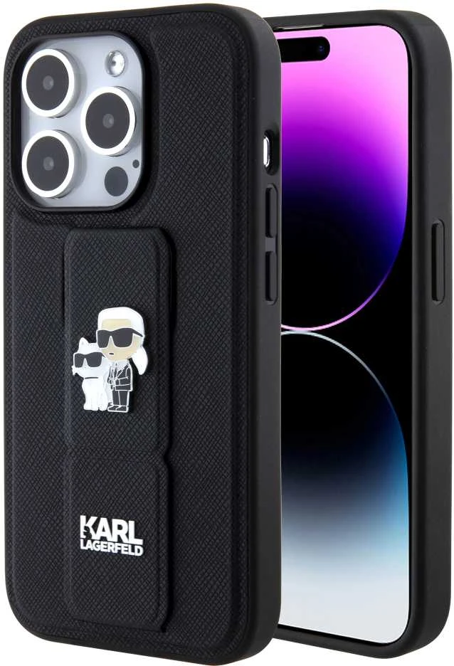 Dėklas Karl Lagerfeld KLHCP15LGSAKCPK IPHONE 15 PRO 6.1 "Juodas/Juodas HARDCASE GRIPSTAND SAFFIANO KARL & CHUPETTE PINS