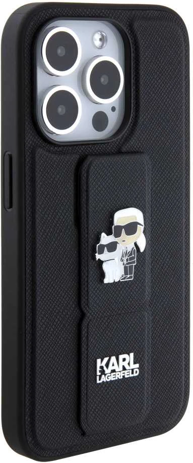 Dėklas Karl Lagerfeld KLHCP15LGSAKCPK IPHONE 15 PRO 6.1 "Juodas/Juodas HARDCASE GRIPSTAND SAFFIANO KARL & CHUPETTE PINS