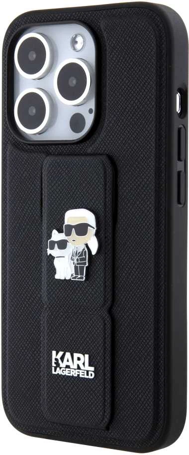 Dėklas Karl Lagerfeld KLHCP15LGSAKCPK IPHONE 15 PRO 6.1 "Juodas/Juodas HARDCASE GRIPSTAND SAFFIANO KARL & CHUPETTE PINS