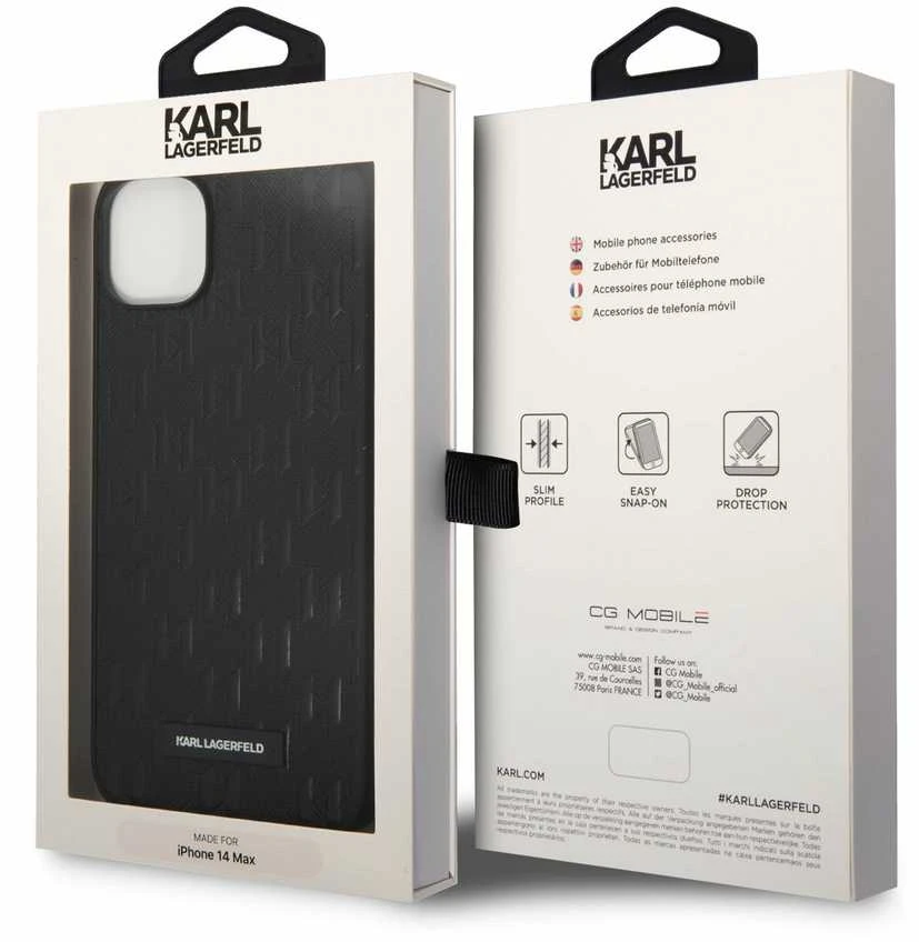 Dėklas Karl Lagerfeld Saffiano Monogram Case skirtas iPhone 14 Plus, juodas