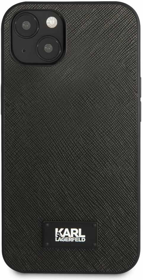 Karl Lagerfeld KLHCP13MSFMP2K iPhone 13/ 14 / 15 6,1″ kietas dėklas juodas Saffiano Plaque