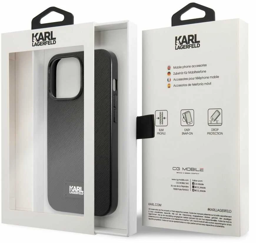 Karl Lagerfeld KLHCP13LSFMP2K Apple iPhone 13 Pro / 13 6,1″ kietas dėklas juodos spalvos Saffiano Plaque