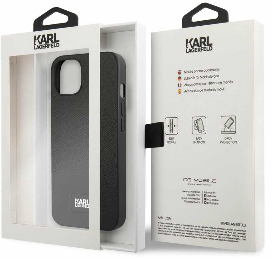 Karl Lagerfeld KLHCP13MSFMP2K iPhone 13/ 14 / 15 6,1″ kietas dėklas juodas Saffiano Plaque