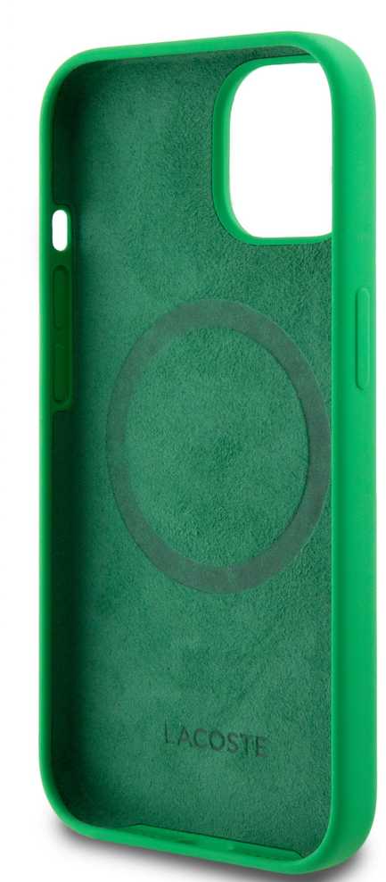 Lacoste Liquid Silicone Microfiber Croc Logo MagSafe dėklas skirtas Apple iPhone 15 žalios spalvos