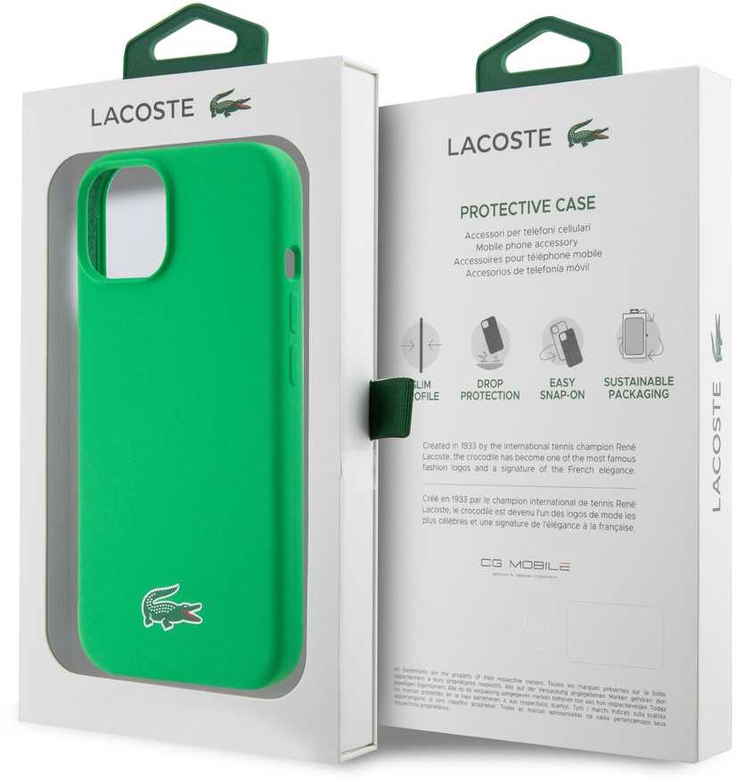 Lacoste Liquid Silicone Microfiber Croc Logo MagSafe dėklas skirtas Apple iPhone 15 žalios spalvos
