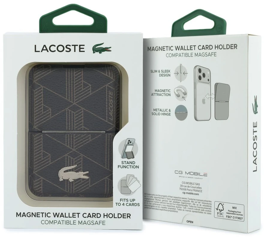 Dėklas Lacoste PVC mišinio „Monogram Petit Pique“ „MagSafe“ piniginė su stovu, ruda