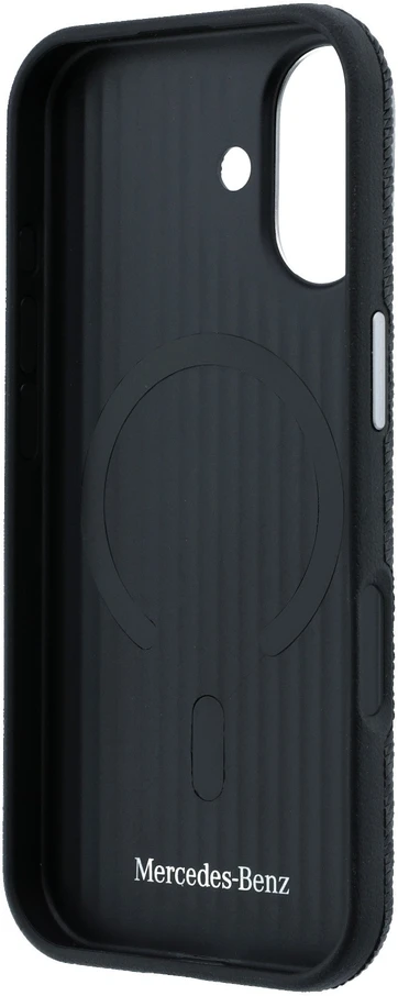 Mercedes PU Leather Wood Semi Wrap MagSafe dėklas skirtas Apple iPhone 17 juodos spalvos