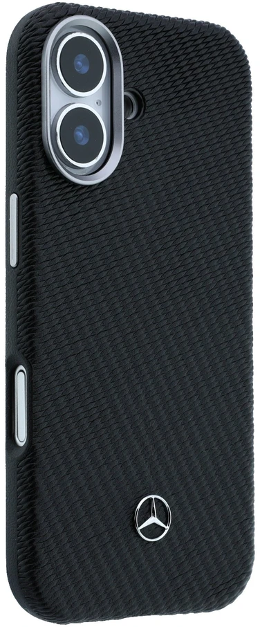 Mercedes PU Leather Wood Semi Wrap MagSafe dėklas skirtas Apple iPhone 17 juodos spalvos