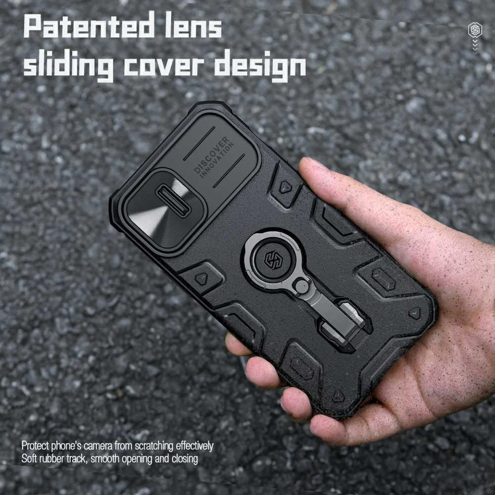 Nillkin CamShield Armor Pro Magnetic Apple iPhone 14 Plus MagSafe armored stand ring dėklas telefonui juodos spalvos