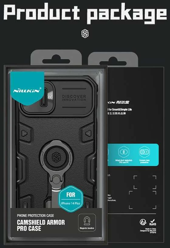Nillkin CamShield Armor Pro Magnetic Apple iPhone 14 Plus MagSafe armored stand ring dėklas telefonui juodos spalvos