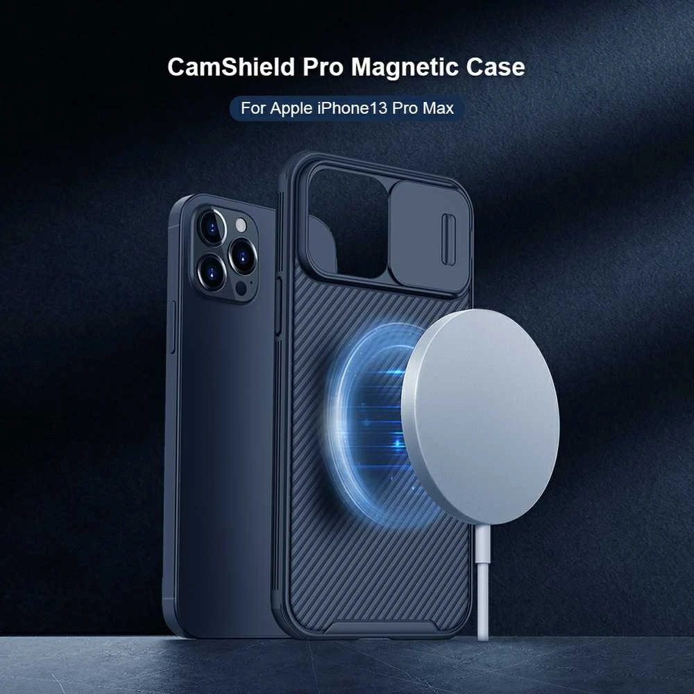 „Nillkin CamShield Pro Magnetic Case“ šarvuotas dėklas, skirtas „iPhone 13 Pro Max“ ir kameros apsaugai, juodas (suderinamas su „MagSafe“)