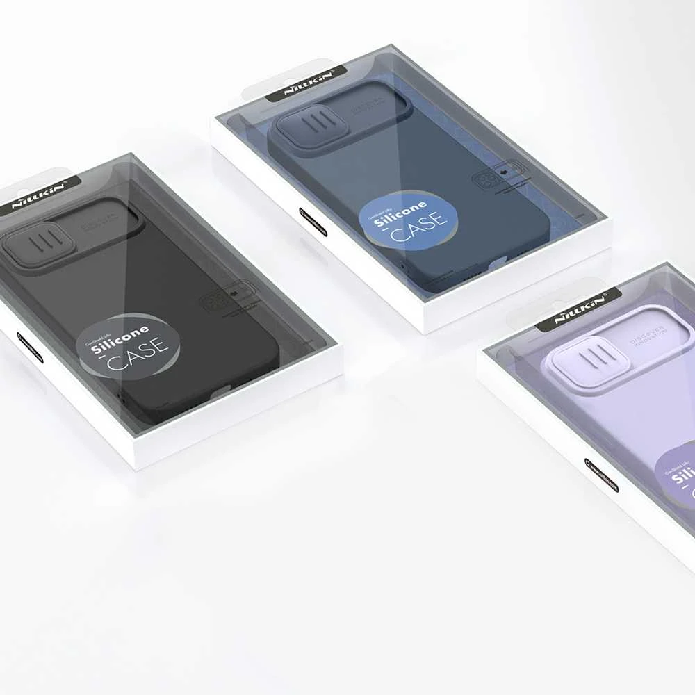 Dėklas Nillkin CamShield Silky Silicone Apple iPhone 15 Plus tamsiai mėlynas