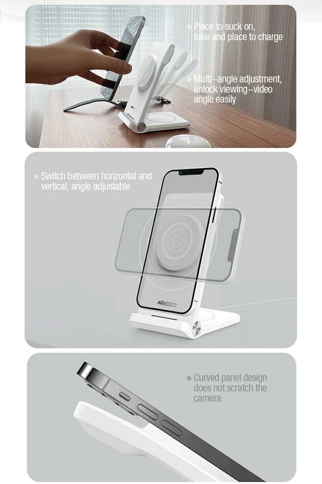 Nillkin PowerTrio 3in1 belaidis įkroviklis MagSafe Watch baltos spalvos (MFI)
