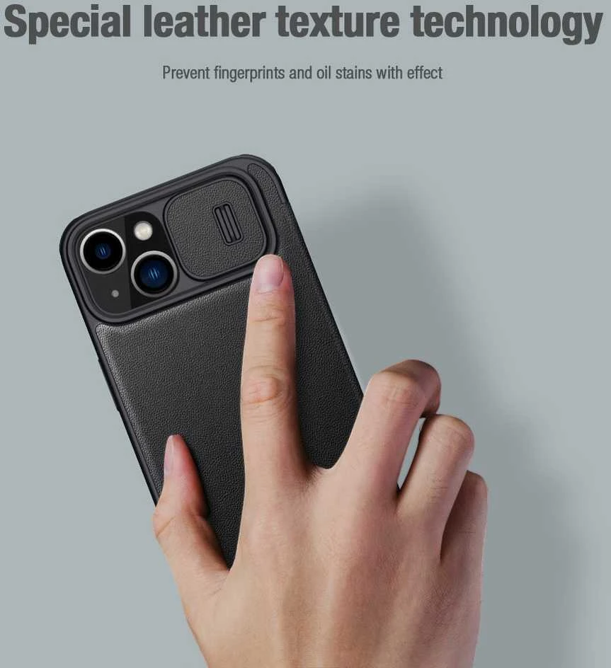Nillkin Qin Cloth Pro Apple iPhone 14 Plus Camera atverčiamas dėklas telefonui pilkos spalvos