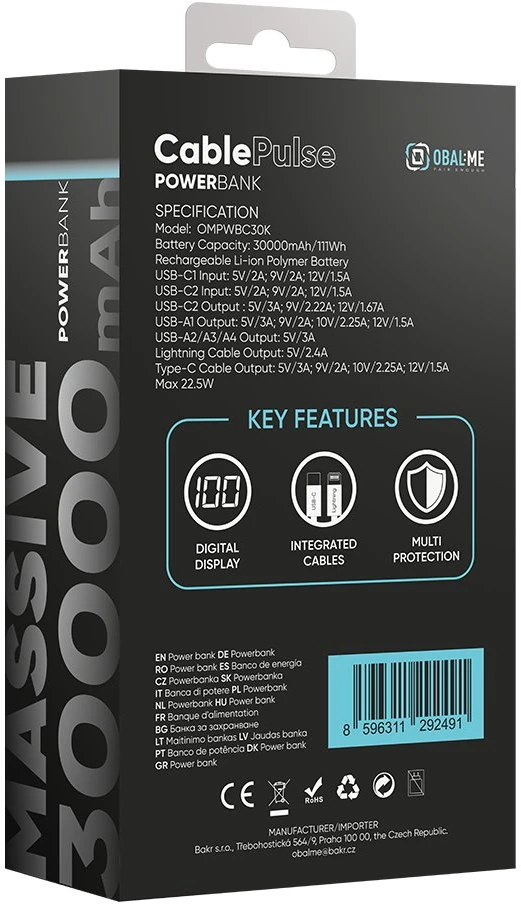 OBAL:ME CablePulse Powerbank 30000mAh 22,5W juodos spalvos