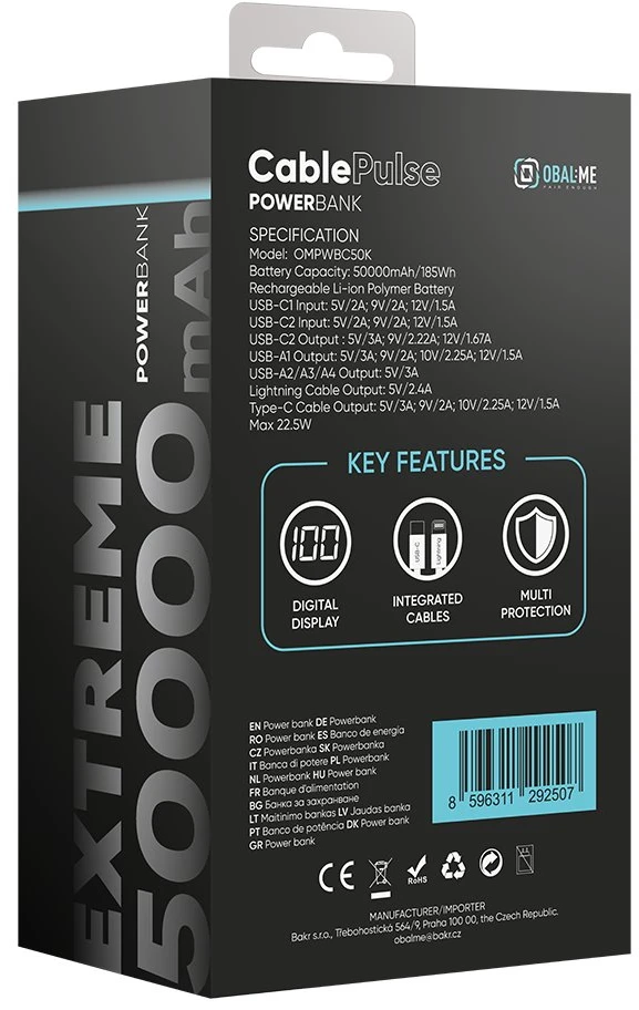OBAL:ME CablePulse Powerbank 50000mAh 22,5W juodos spalvos