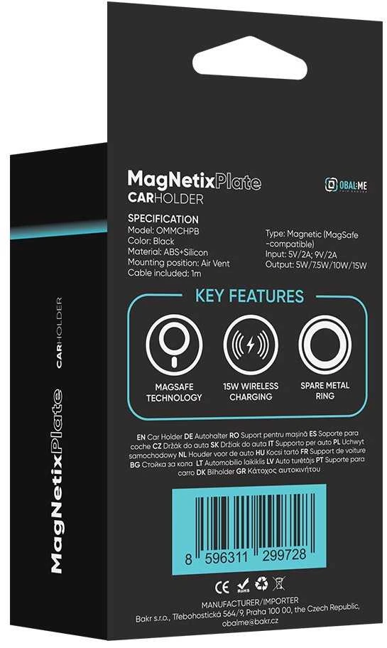 OBAL:ME MagNetix Plate Automobilinis telefono laikiklis su belaidžiu įkrovimu 15W juodos spalvos