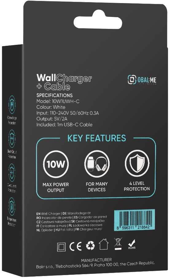 OBAL:ME laidinis įkroviklis USB-A 10W + USB-A/USB-C kabelis 1m baltos spalvos