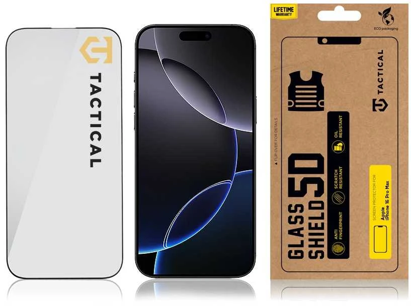 Tactical apsauginis stiklas Shield 5D skirtas Apple iPhone 16 Pro Max su juodos spalvos krašteliu