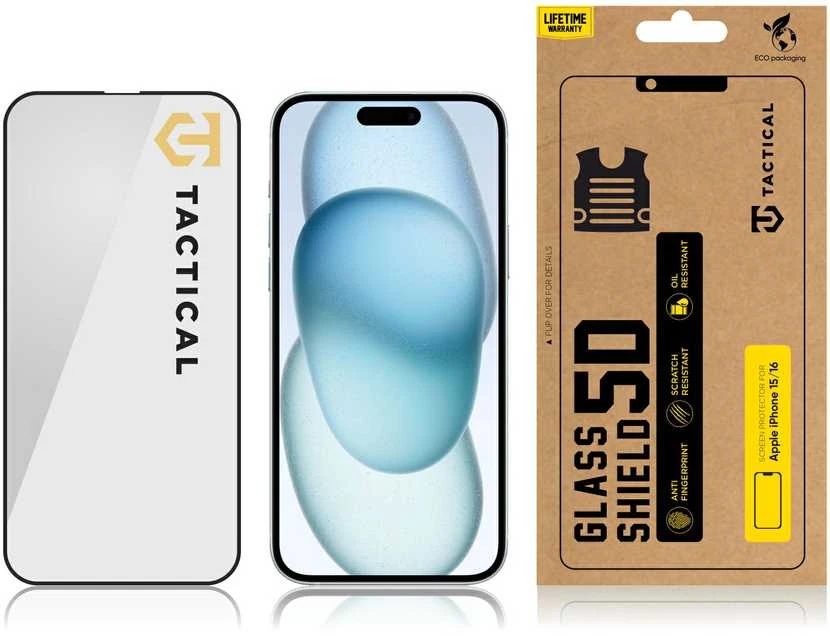 Tactical apsauginis stiklas Shield 5D skirtas Apple iPhone 15 su juodos spalvos krašteliu