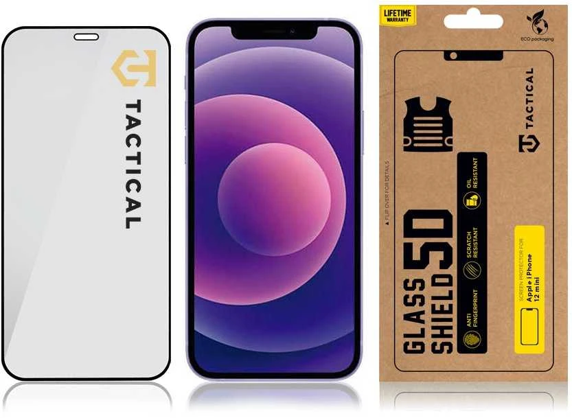 Tactical apsauginis stiklas Shield 5D skirtas Apple iPhone 12 mini su juodos spalvos krašteliu