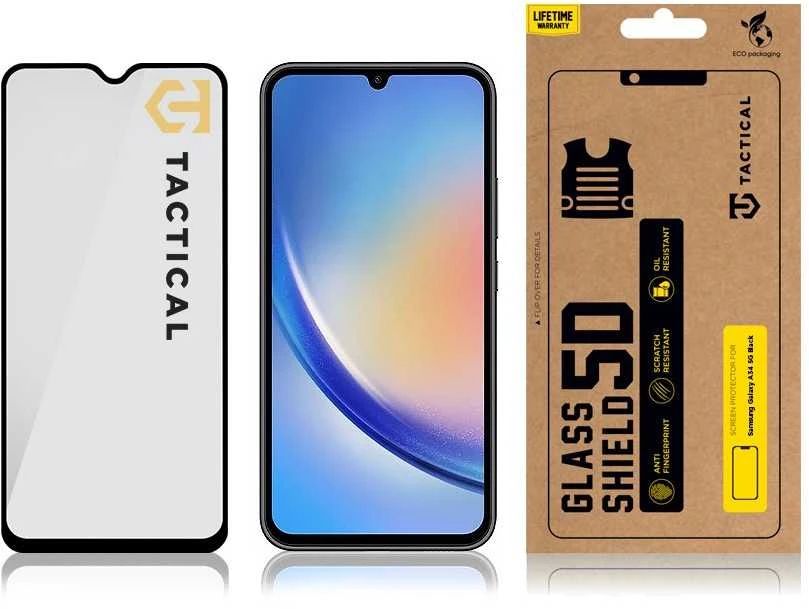 Tactical apsauginis stiklas Shield 5D skirtas Samsung Galaxy A34 5G su juodos spalvos krašteliu