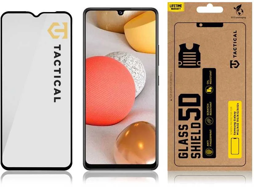 Tactical apsauginis stiklas Shield 5D skirtas Samsung Galaxy M12/A32 5G/A12/A02s su juodos spalvos krašteliu