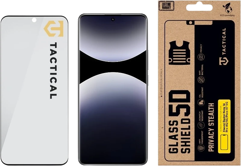Tactical Apsauginis stiklas Shield Privacy Stealth 5D skirtas Xiaomi Redmi Note 14 Pro 4G/5G/Poco X7 5G Juodas