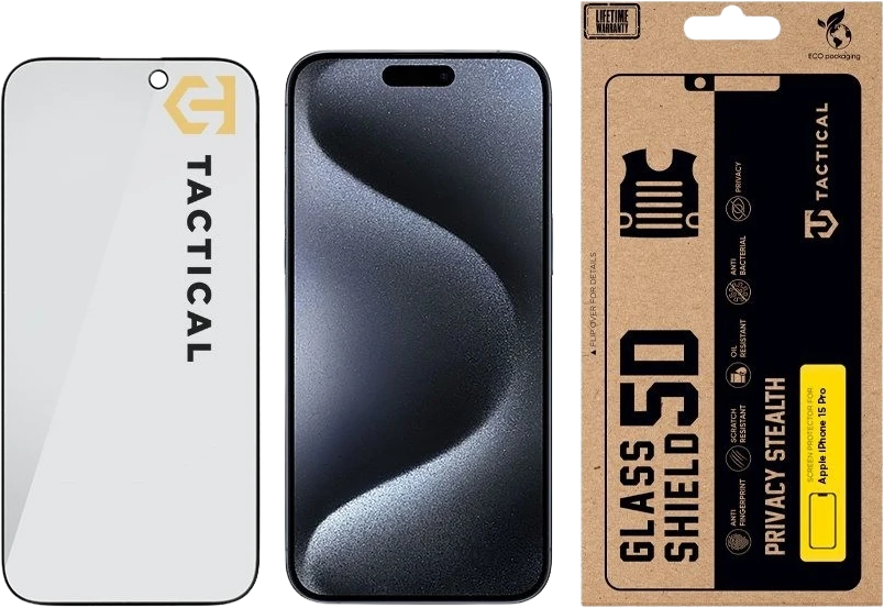 Tactical Apsauginis stiklas Shield Privacy Stealth 5D skirtas Apple iPhone 15 Pro Juodas