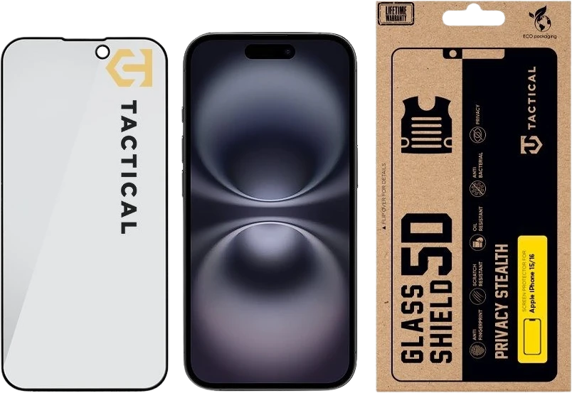 Tactical Apsauginis stiklas Shield Privacy Stealth 5D skirtas Apple iPhone 15/16 Juodas