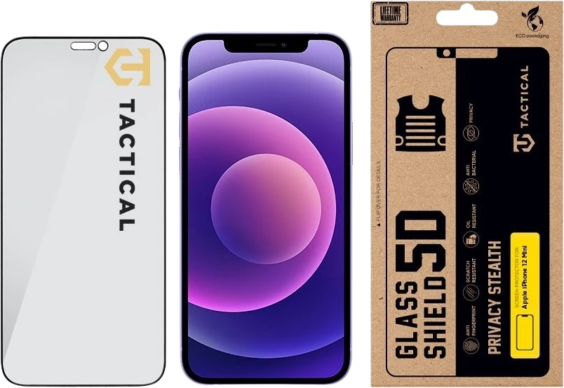 Tactical Apsauginis stiklas Shield Privacy Stealth 5D skirtas Apple iPhone 12 Mini Juodas