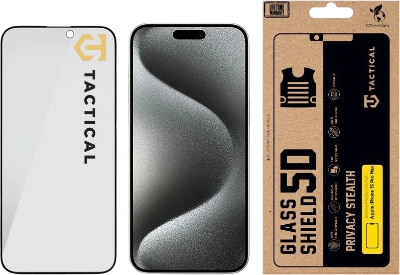 Tactical Apsauginis stiklas Shield Privacy Stealth 5D skirtas Apple iPhone 15 Pro Max Juodas