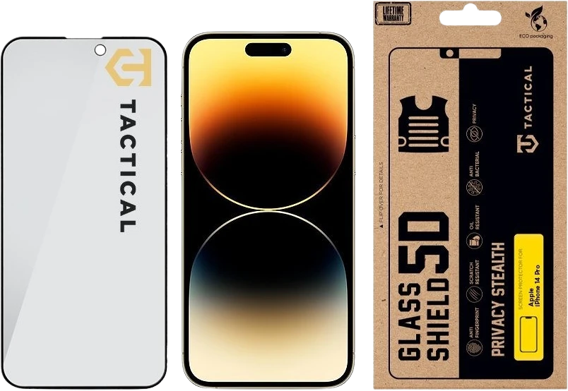 Tactical Apsauginis stiklas Shield Privacy Stealth 5D skirtas Apple iPhone 14 Pro Juodas