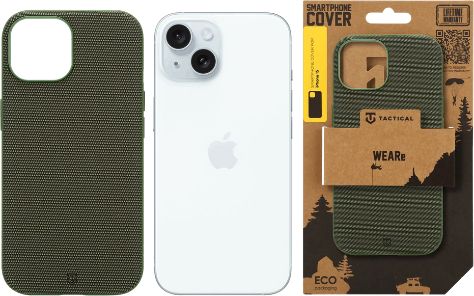 „Tactical MagForce WEARe Cover for Apple iPhone 15 Forest“ – žalias dėklas, skirtas „Apple iPhone 15“.