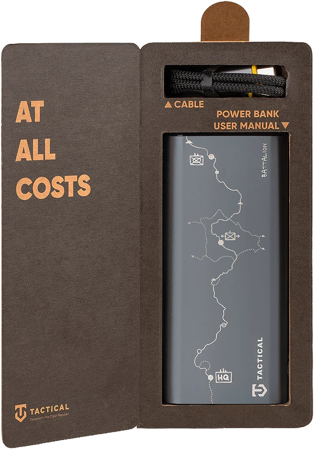 Tactical Squad Battalion 65W 20000 mAh – aukštos galios powerbank: 65W USB‑C, 2× USB‑C + USB‑A, TFT ekranas, aliuminio korpusas ir ekologiška pakuotė.