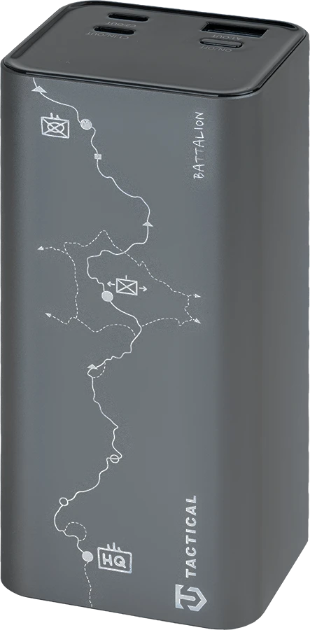 Tactical Squad Battalion 65W 20000 mAh – aukštos galios powerbank: 65W USB‑C, 2× USB‑C + USB‑A, TFT ekranas, aliuminio korpusas ir ekologiška pakuotė.