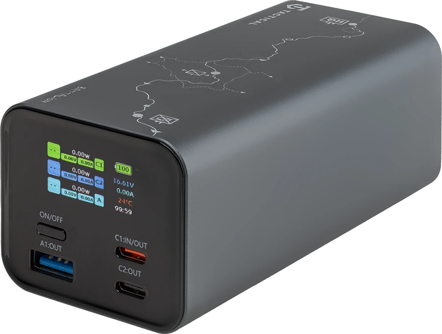 Tactical Squad Battalion 65W 20000 mAh – aukštos galios powerbank: 65W USB‑C, 2× USB‑C + USB‑A, TFT ekranas, aliuminio korpusas ir ekologiška pakuotė.