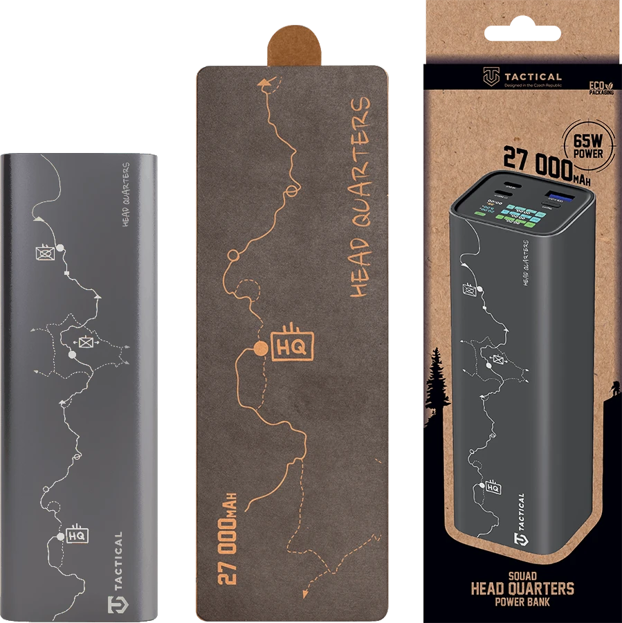 Tactical Squad Headquarters 65W 27000 mAh – aukštos galios powerbank: 65W USB‑C, 2× USB‑C + USB‑A, TFT ekranas, aliuminio korpusas ir ekologiška pakuotė.