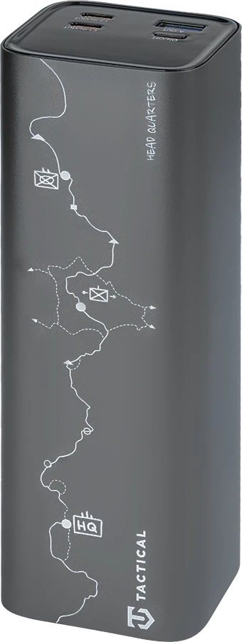 Tactical Squad Headquarters 65W 27000 mAh – aukštos galios powerbank: 65W USB‑C, 2× USB‑C + USB‑A, TFT ekranas, aliuminio korpusas ir ekologiška pakuotė.