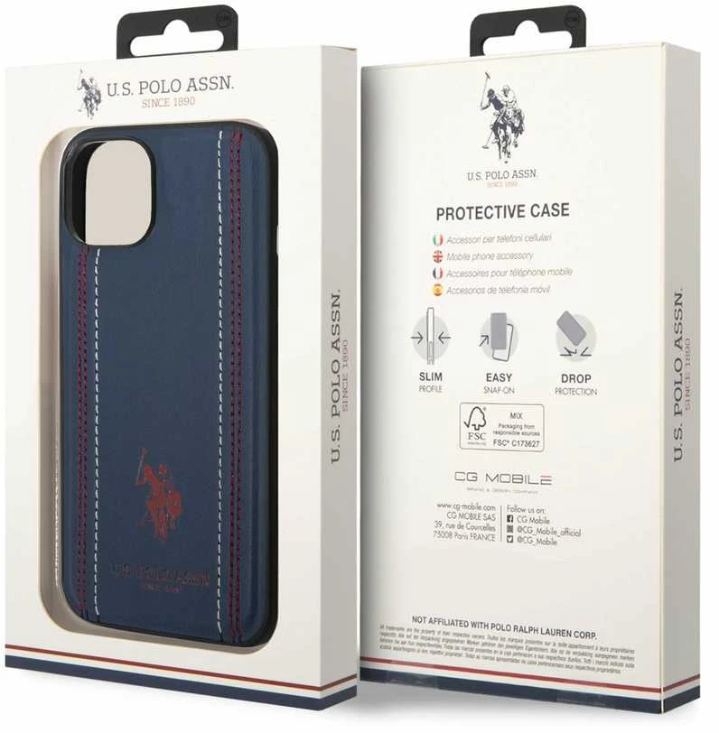 Dėklas Us Polo Assn US Polo USHCP14MPFAV iPhone 14 Plus / 15 Plus 6.7" navy mėlynas Leather Stitch