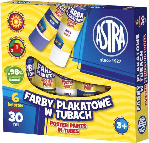 Astra Plakatiniai dažai mokyklinėse tūbelėse 6 spalvos 30 ml