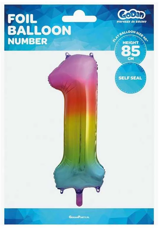 GoDan Balon foliowy cyfra 1 tęczowy - 85 cm - 1 vnt. universalus