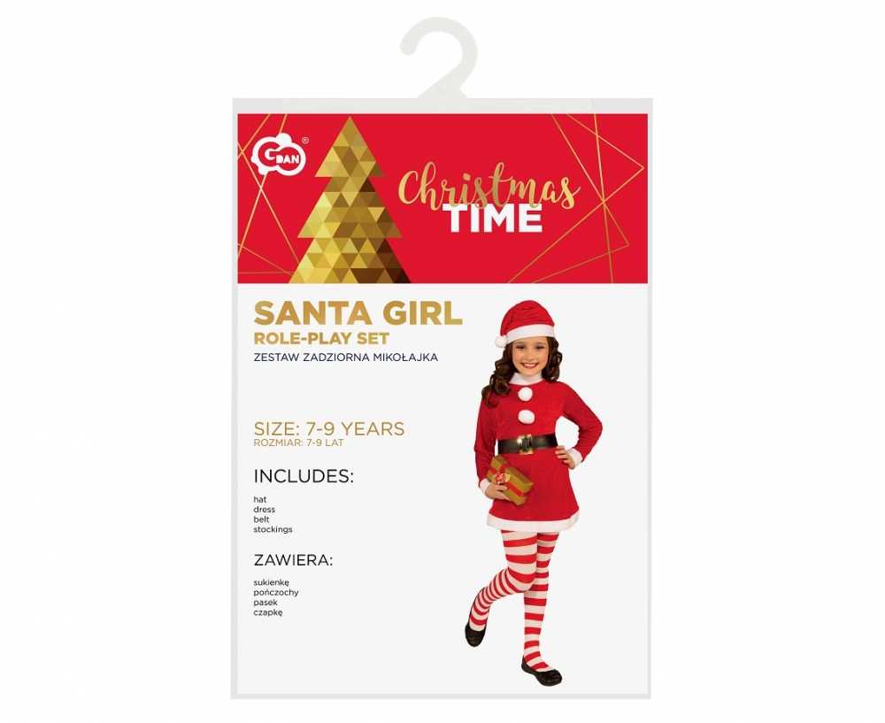 GoDan Rinkinys Santa Girl Role-Play (kepurė, suknelė, diržas, kojinės), dydis 7-9 metai