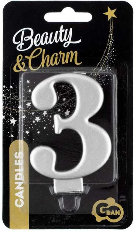 GoDan Žvakė numeris 3, metalinis sidabras, 8,0 cm PF-SCS3