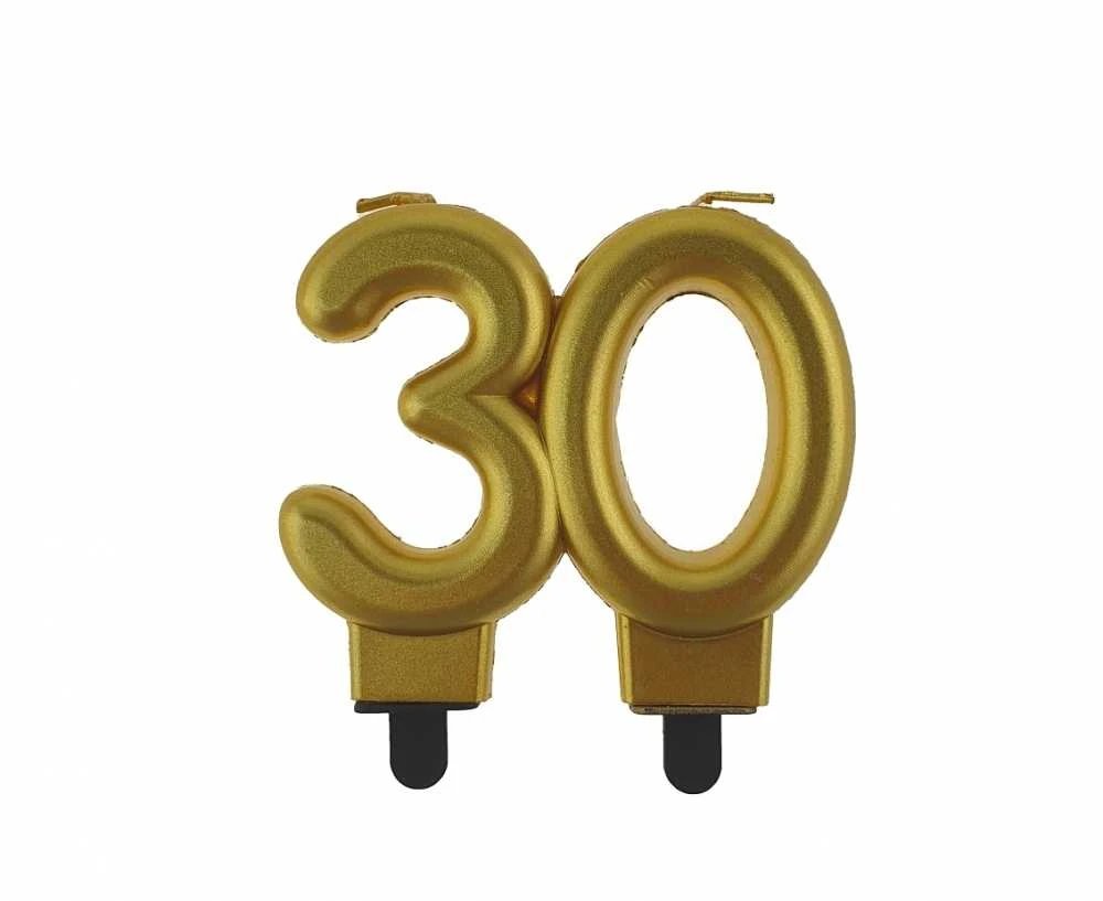GoDan žvakė numeris 30 GIMTADIENIS, auksinė, metalinė, B&C, 8 cm