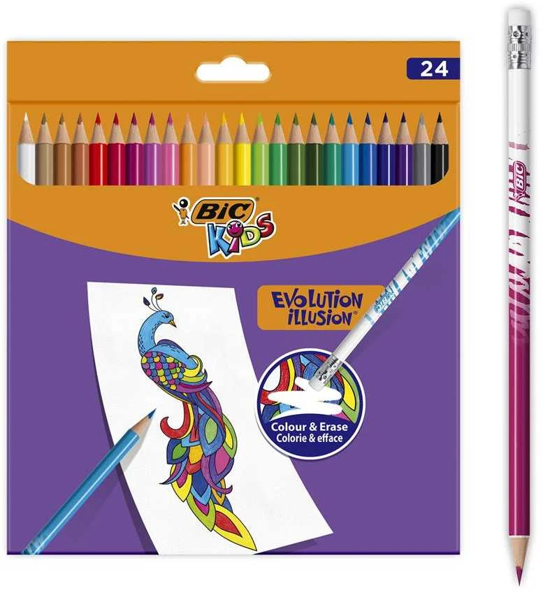 BIC Spalvoti pieštukai su trintuku Kids Evolution Illusion 24 spalvų rinkinys