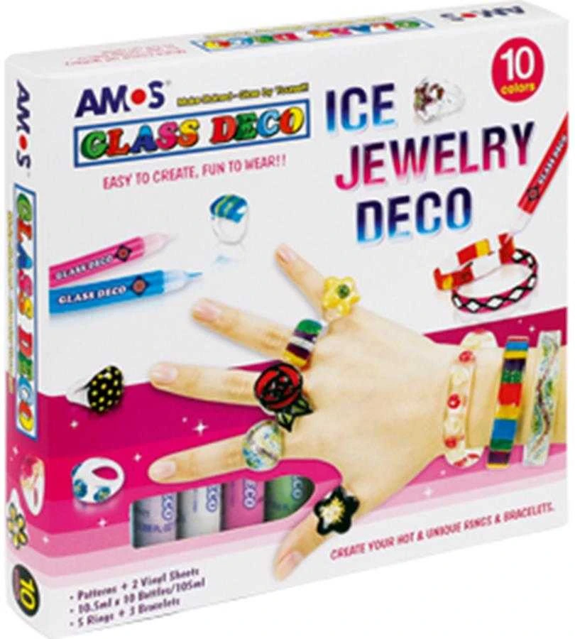 Vitražinių dažų rinkinys ICE JEWELERY, Amos, 10 spalvų po 10,5ml + 3 apyrankės + 5 žiedai