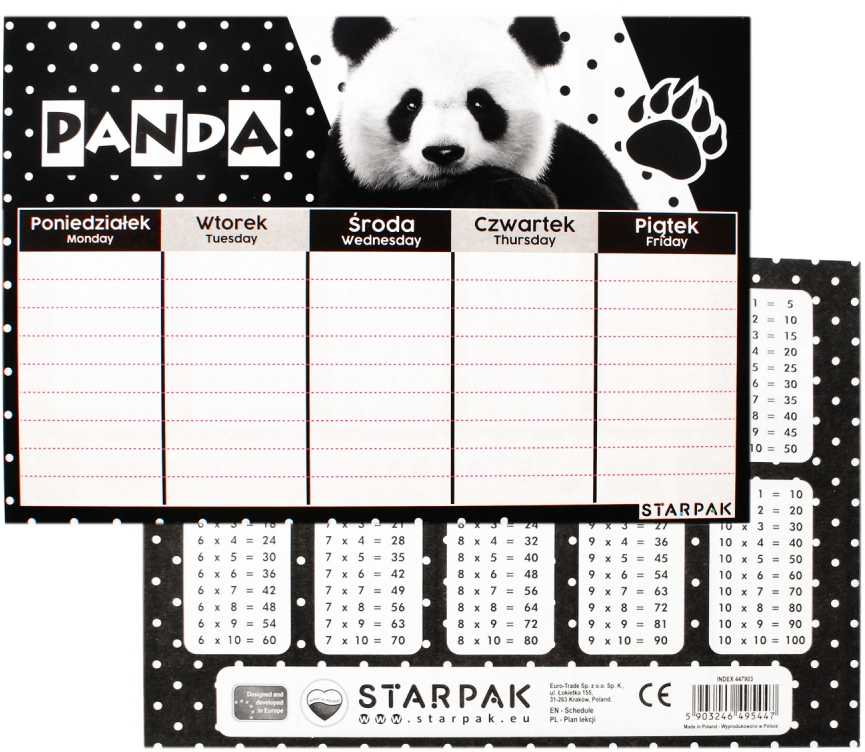 Plan lekcji su tabliczką mnożenia A5 Panda STARPAK 447903, žema kaina