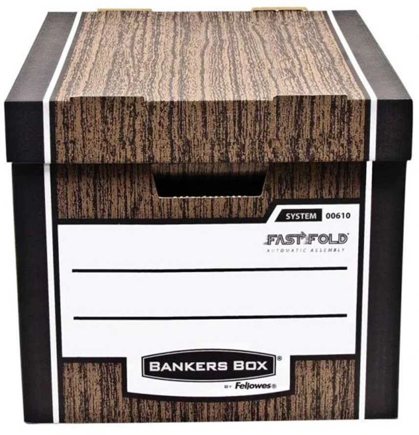 Archyvinė dėžė Fellowes Woodgrain Bankers Box, 325x285x385mm, kartoninė, su dangčiu, 2 vnt, rudos spalvos