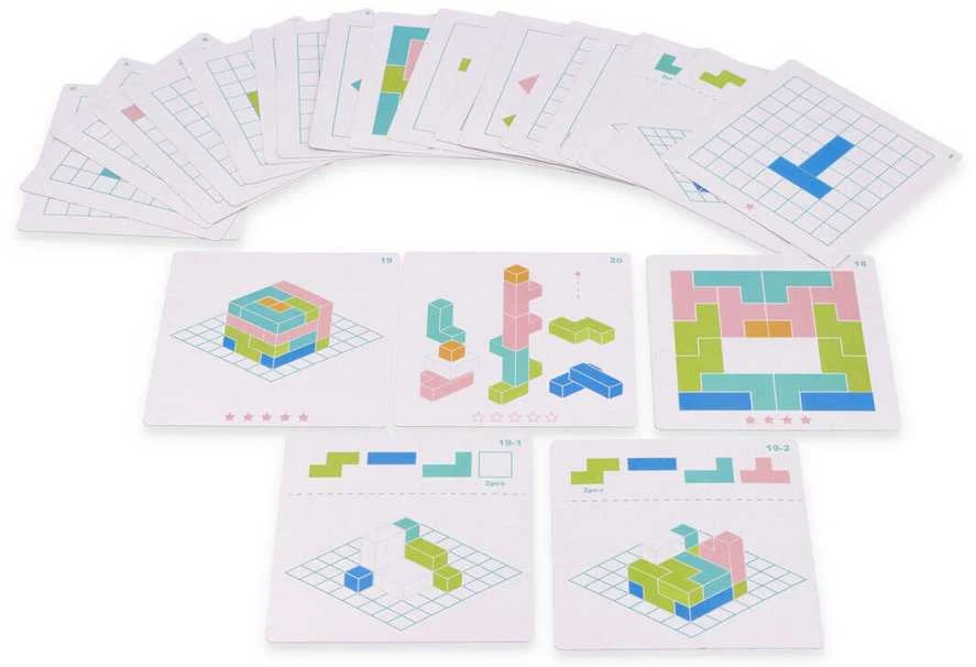 Adam Toys Medinė logikos žaidimo dėlionė Tetris su 18 spalvotų kaladėlių ir užduočių kortelėmis, vaikams nuo 3 metų